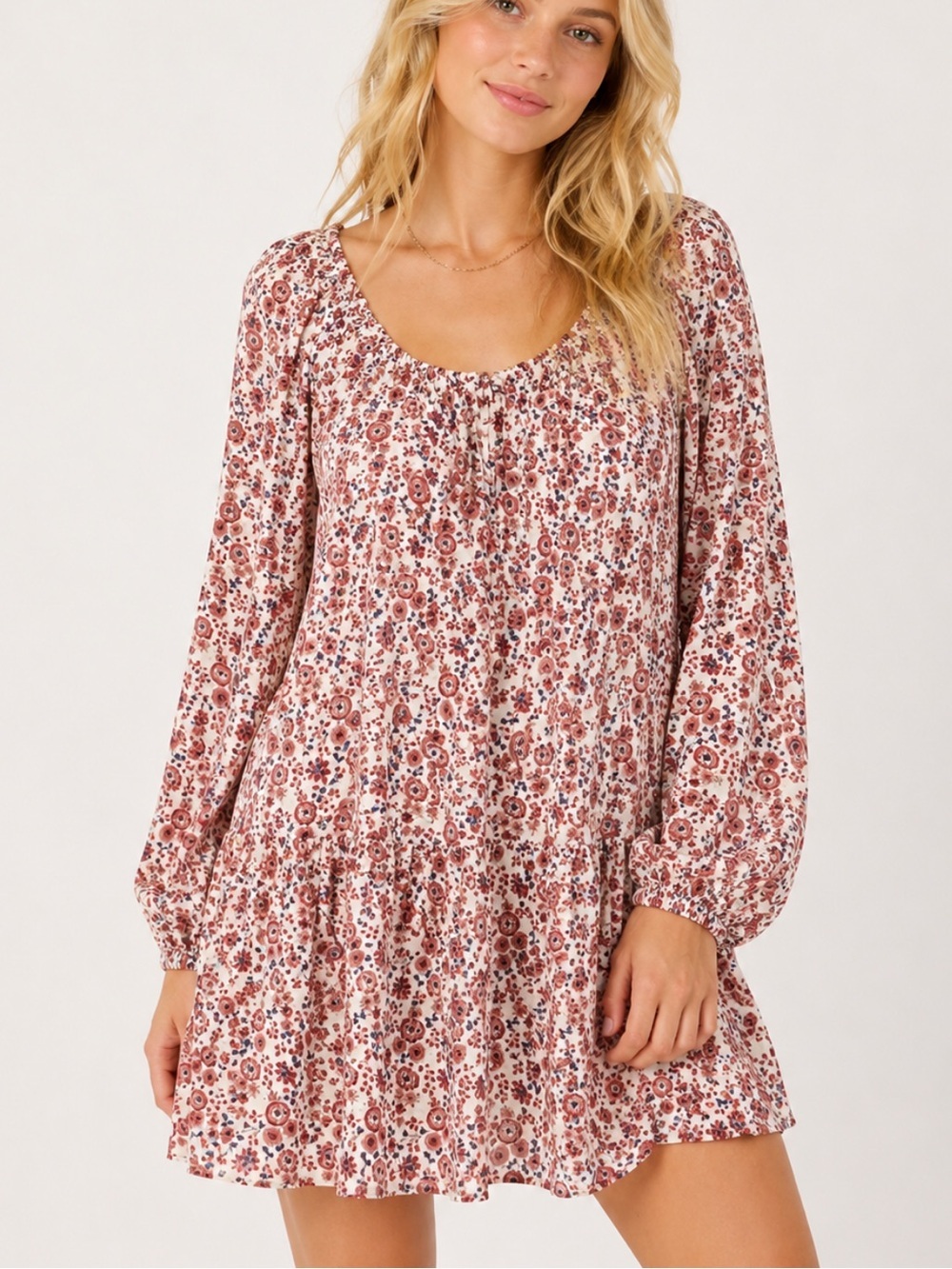 Xirena Red Floral Dalyn Babydoll Long Sleeve Mini Dress XS 8378